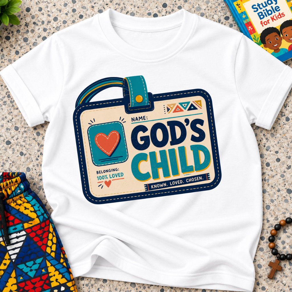 God's Child Christian kids shirt in white featuring a colourful travel case design and faith-inspired details

