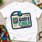 God's Child Christian kids shirt in white featuring a colourful travel case design and faith-inspired details
