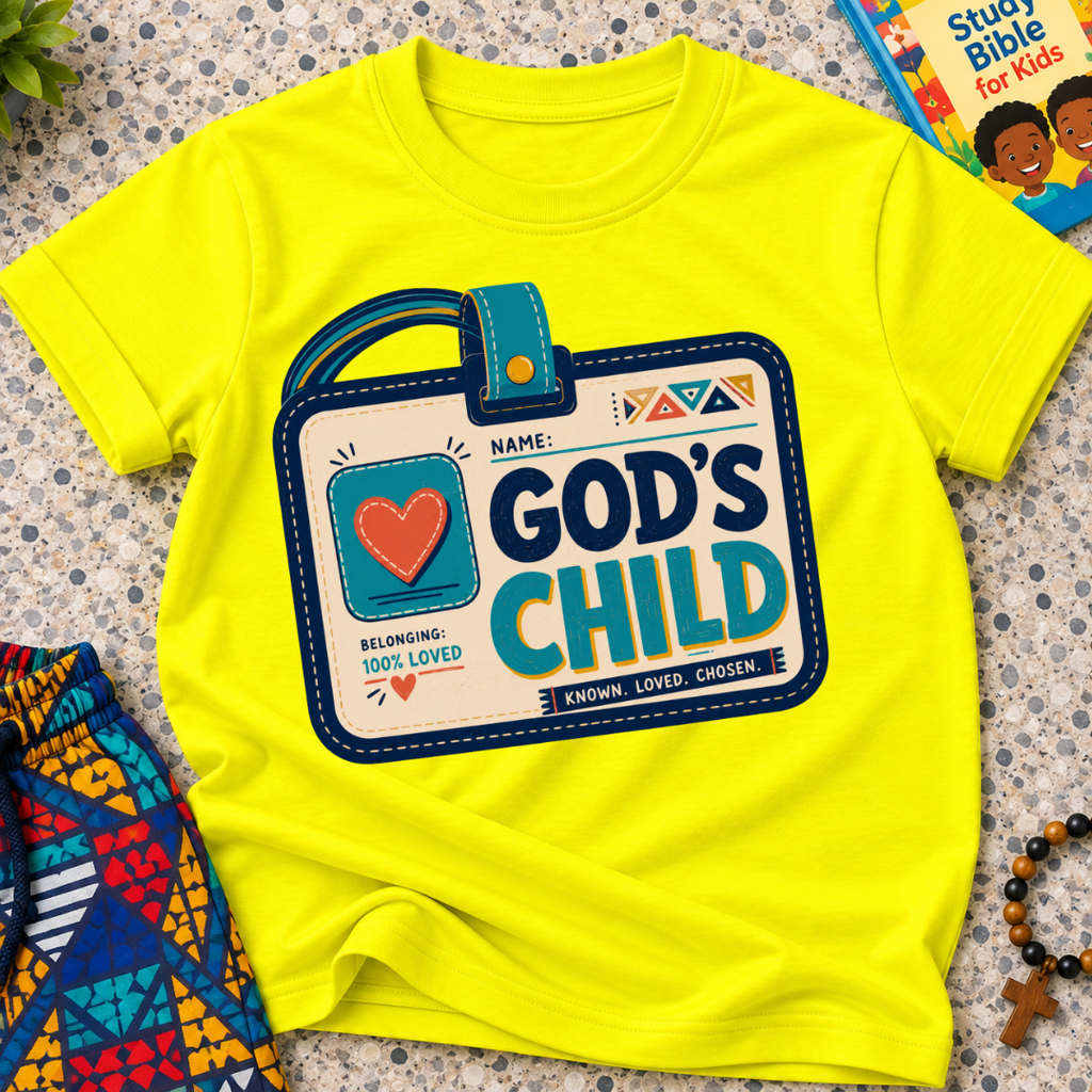 God's Child Christian kids shirt in yellow featuring a colourful travel case design and faith-inspired details
