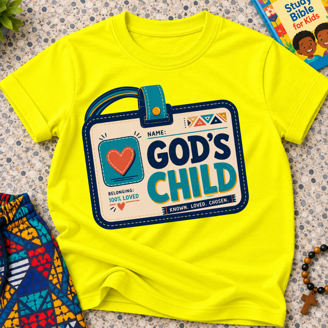 God's Child Christian kids shirt in yellow featuring a colourful travel case design and faith-inspired details
