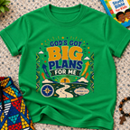 God's Got Big Plans Christian kids shirt in green featuring colourful road and journey-inspired artwork
