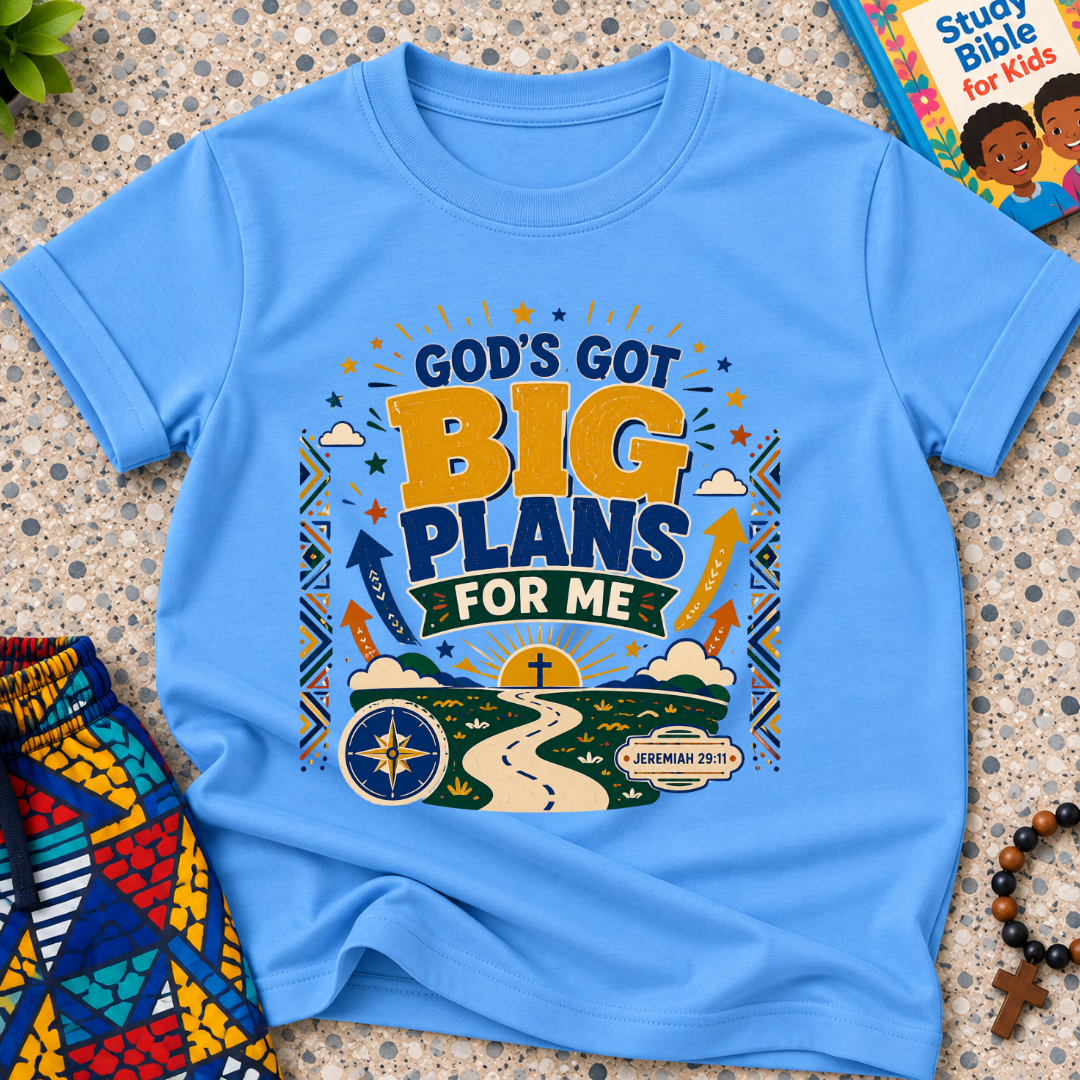 God's Got Big Plans Christian kids shirt in light blue featuring colourful road and journey-inspired artwork
