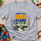 God's Got Big Plans Christian kids shirt in grey featuring colourful road and journey-inspired artwork

