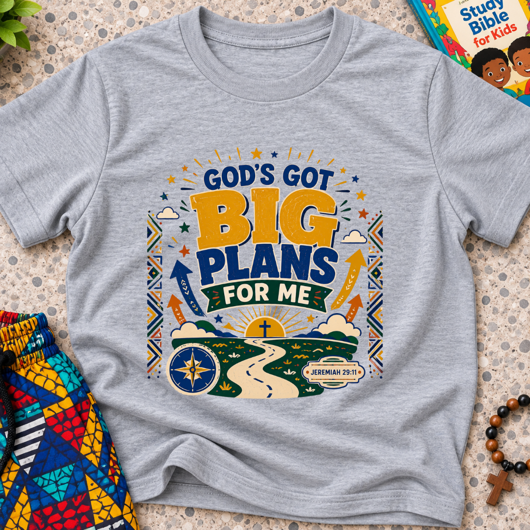 God's Got Big Plans Christian kids shirt in grey featuring colourful road and journey-inspired artwork
