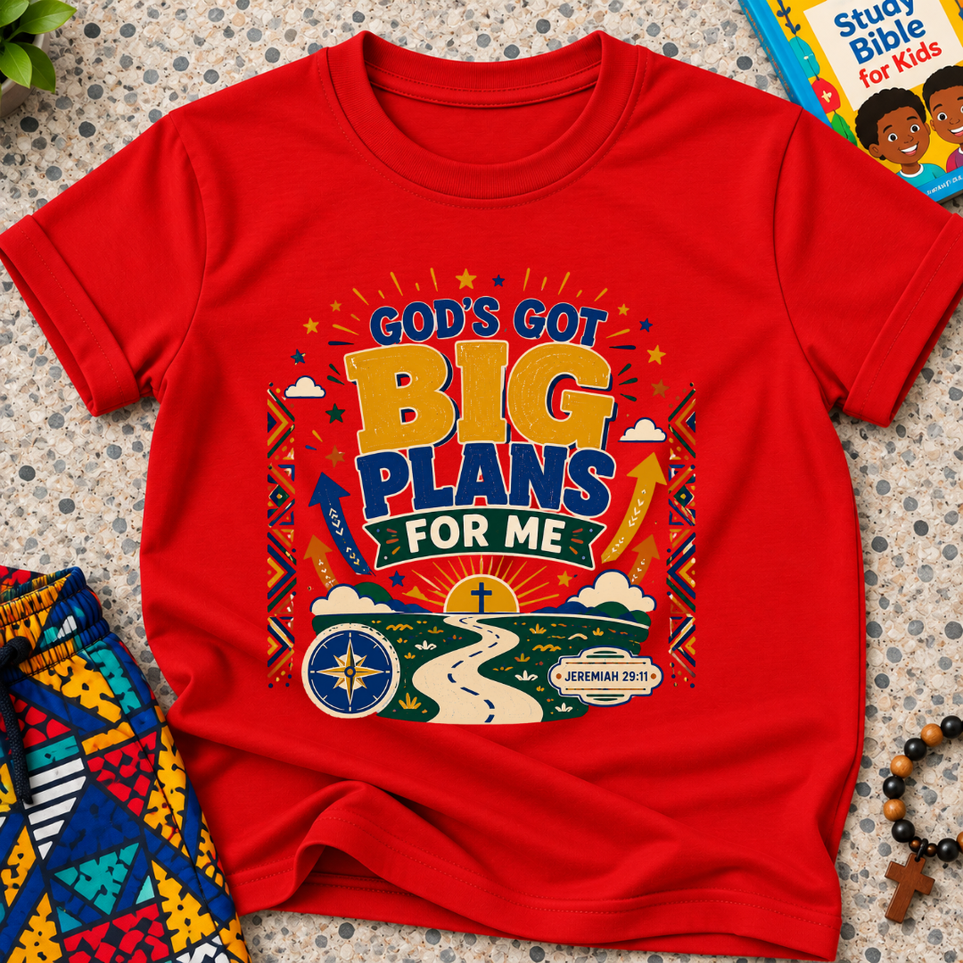 God's Got Big Plans Christian kids shirt in red featuring colourful road and journey-inspired artwork
