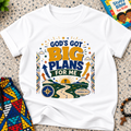 God's Got Big Plans Christian kids shirt in white featuring colourful road and journey-inspired artwork
