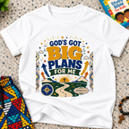 God's Got Big Plans Christian kids shirt in white featuring colourful road and journey-inspired artwork
