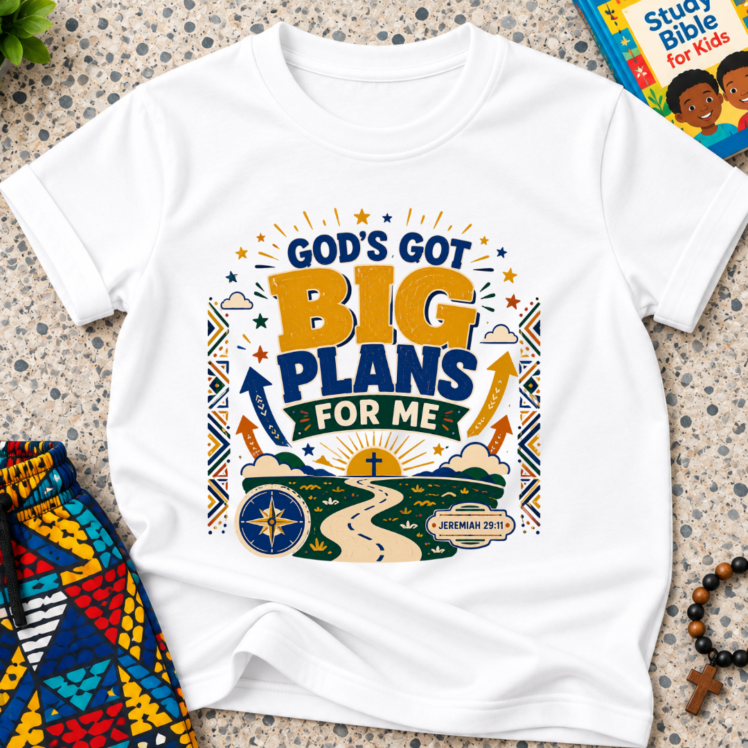 God's Got Big Plans Christian kids shirt in white featuring colourful road and journey-inspired artwork
