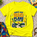 God's Got Big Plans Christian kids shirt in yellow featuring colourful road and journey-inspired artwork
