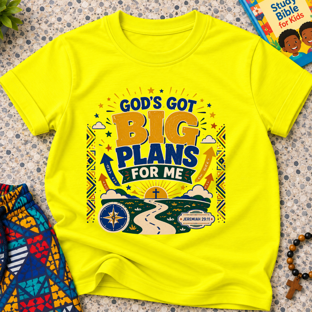 God's Got Big Plans Christian kids shirt in yellow featuring colourful road and journey-inspired artwork
