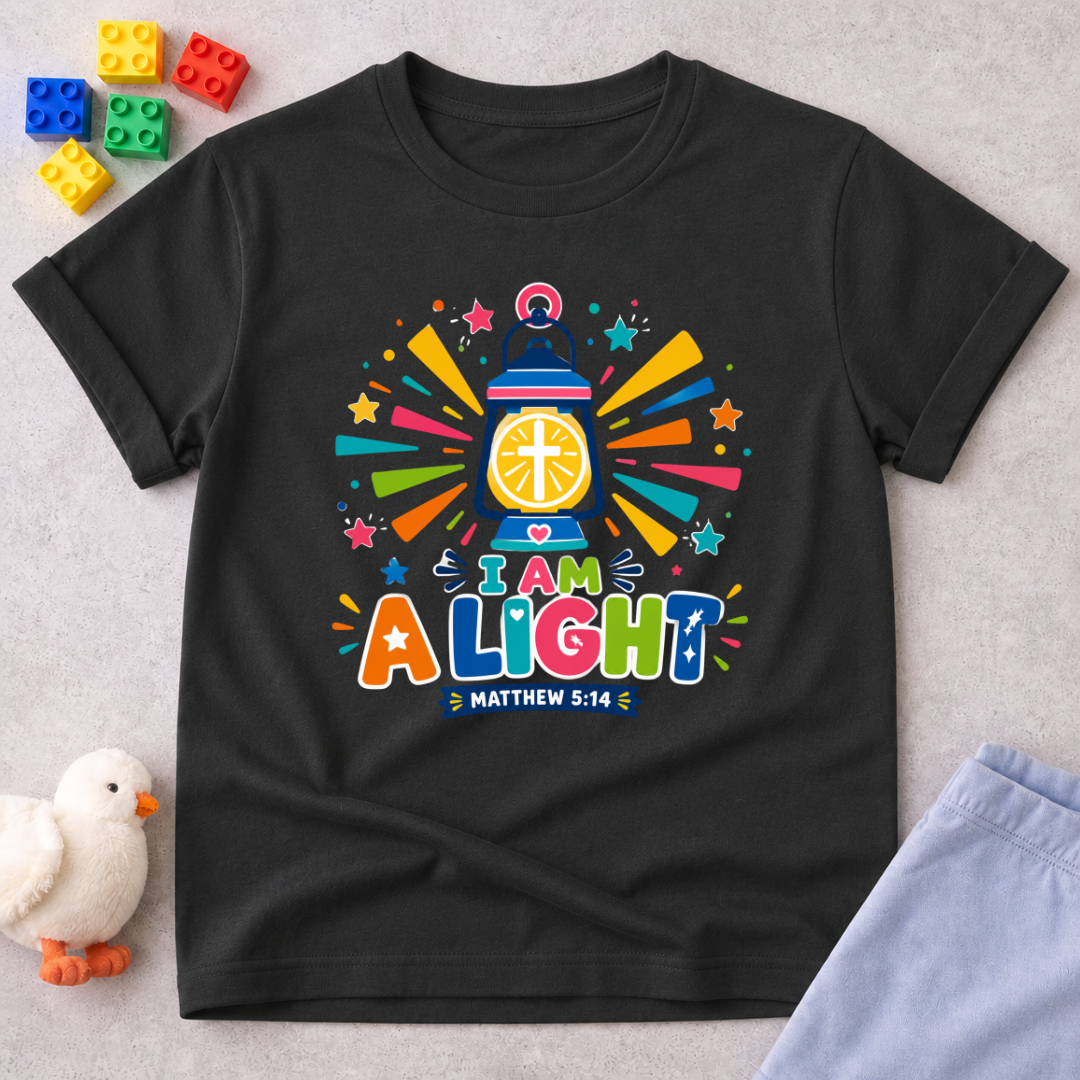 I Am a Light Christian kids shirt in black featuring a lantern, colourful rays, and Matthew 5:14
