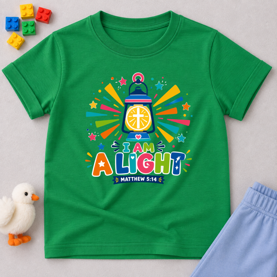 I Am a Light Christian kids shirt in green featuring a lantern, colourful rays, and Matthew 5:14
