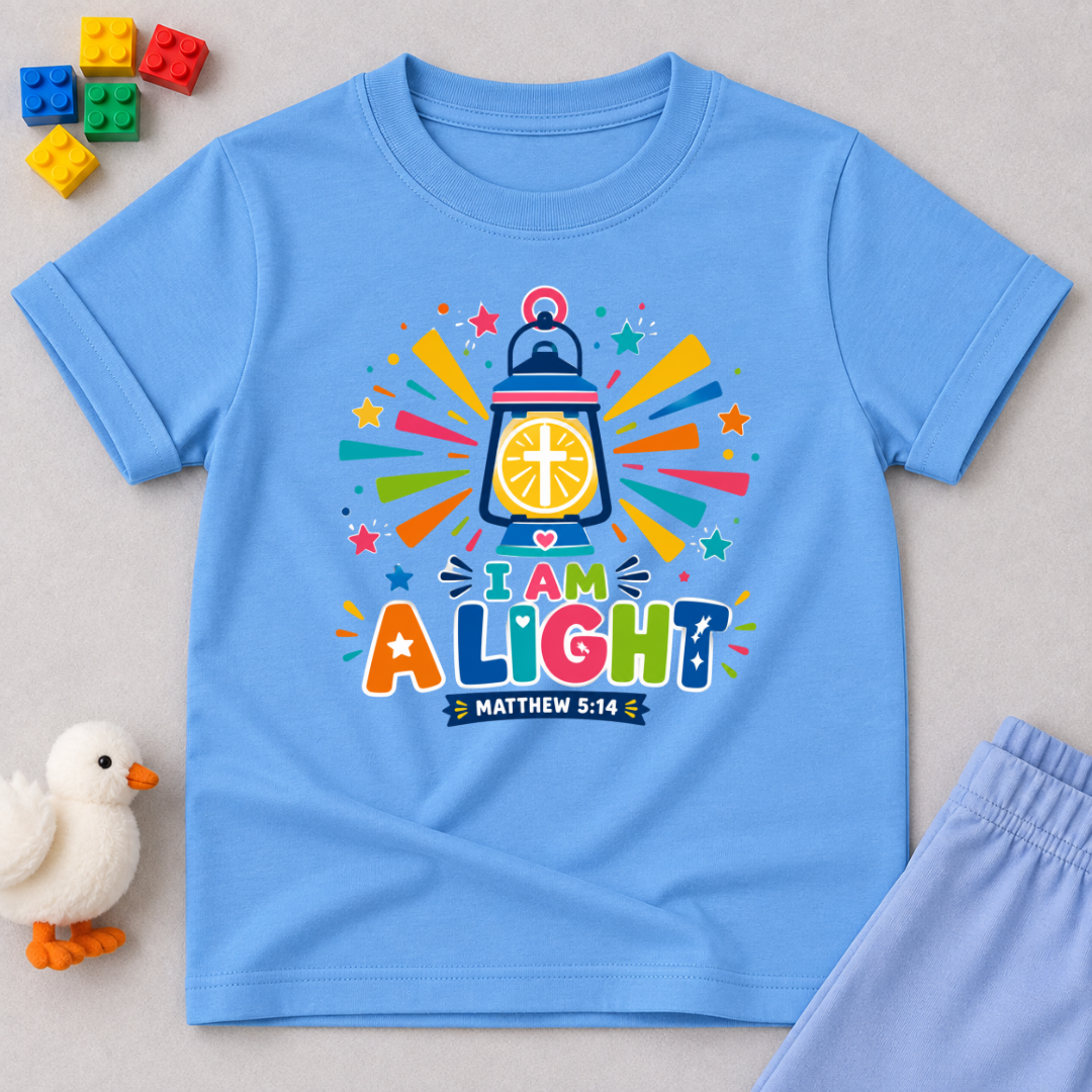 I Am a Light Christian kids shirt in light blue featuring a lantern, colourful rays, and Matthew 5:14
