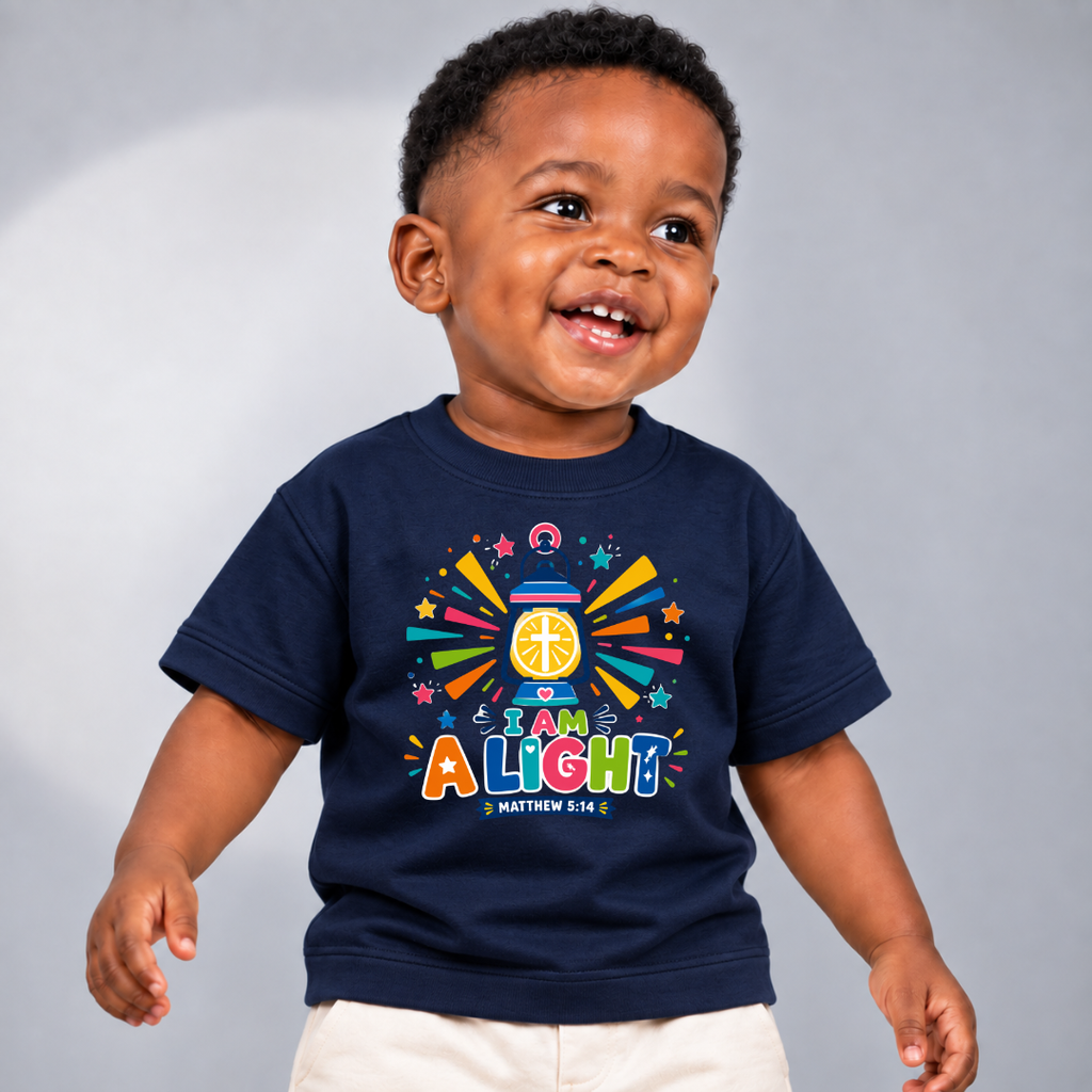 I Am a Light Christian kids shirt in navy blue featuring a lantern, colourful rays, and Matthew 5:14
