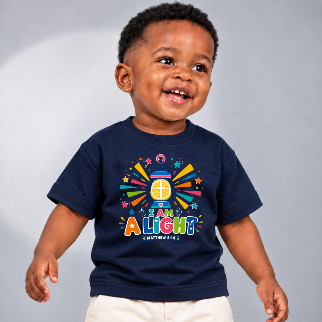 I Am a Light Christian kids shirt in navy blue featuring a lantern, colourful rays, and Matthew 5:14
