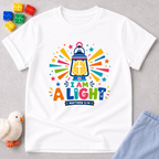 I Am a Light Christian kids shirt in white featuring a lantern, colourful rays, and Matthew 5:14
