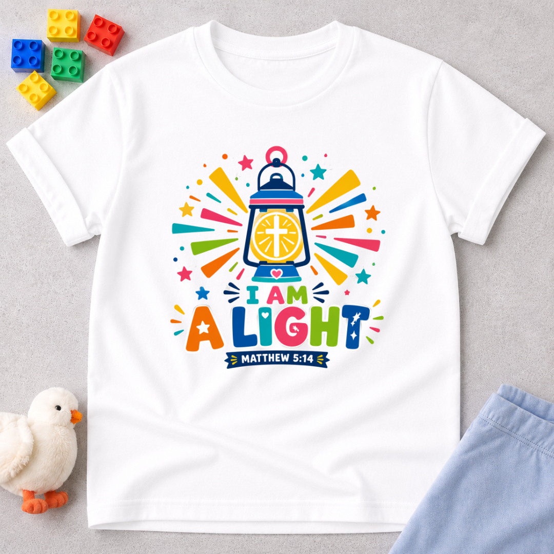 I Am a Light Christian kids shirt in white featuring a lantern, colourful rays, and Matthew 5:14

