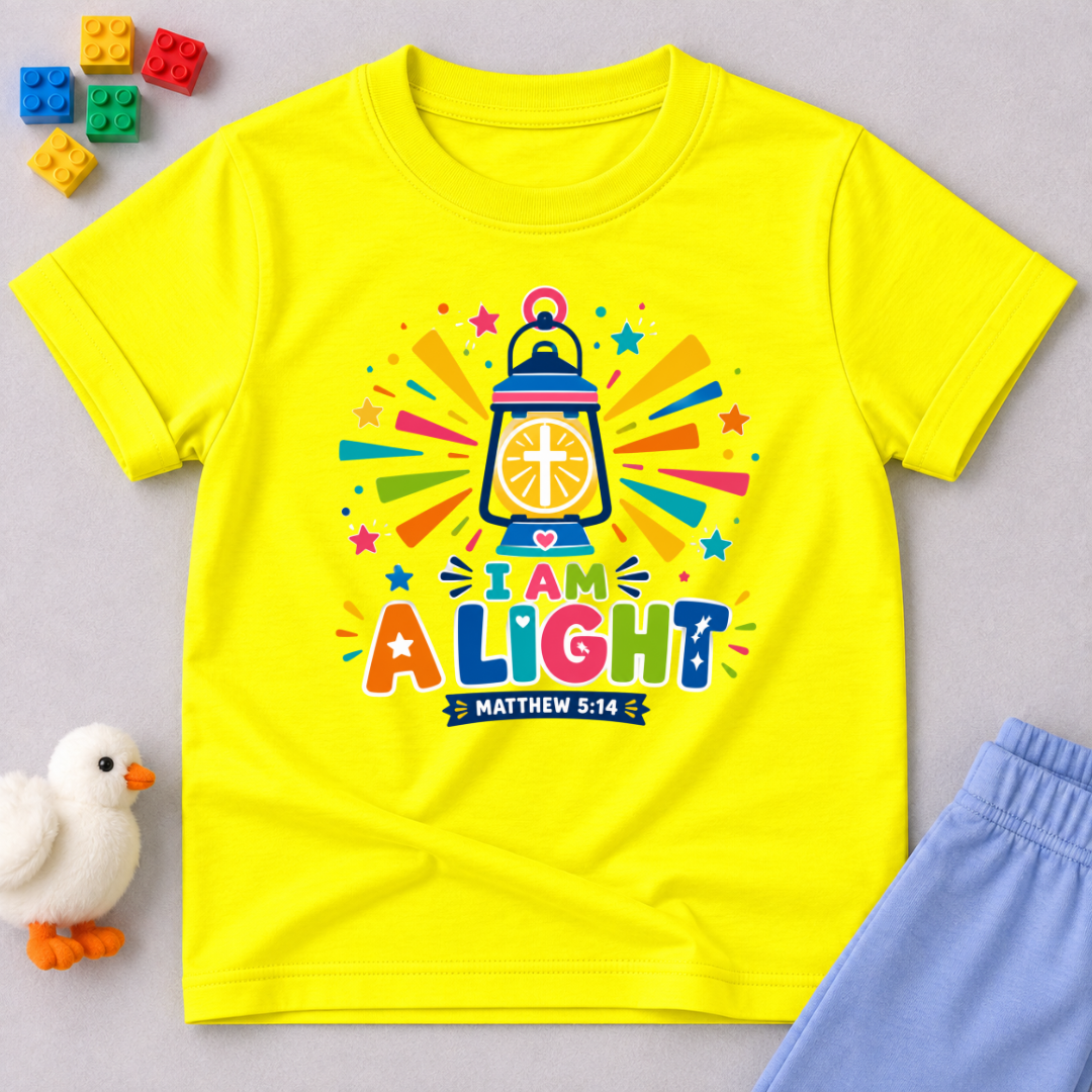 I Am a Light Christian kids shirt in yellow featuring a lantern, colourful rays, and Matthew 5:14
