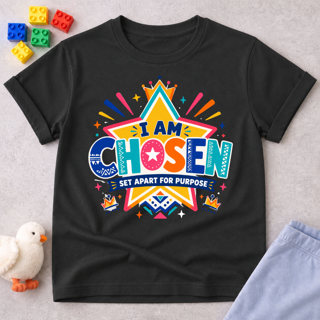 I Am Chosen Christian kids shirt in black featuring colourful star artwork and a Set Apart for Purpose message

