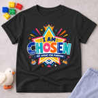I Am Chosen Christian kids shirt in black featuring colourful star artwork and a Set Apart for Purpose message
