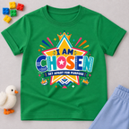 I Am Chosen Christian kids shirt in green featuring colourful star artwork and a Set Apart for Purpose message
