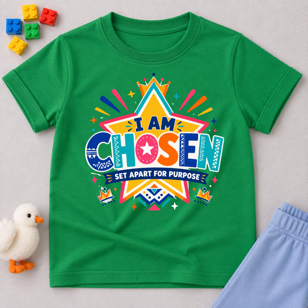 I Am Chosen Christian kids shirt in green featuring colourful star artwork and a Set Apart for Purpose message
