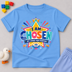 I Am Chosen Christian kids shirt in light blue featuring colourful star artwork and a Set Apart for Purpose message
