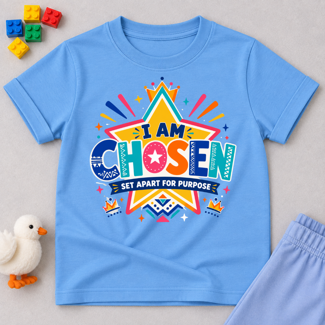 I Am Chosen Christian kids shirt in light blue featuring colourful star artwork and a Set Apart for Purpose message

