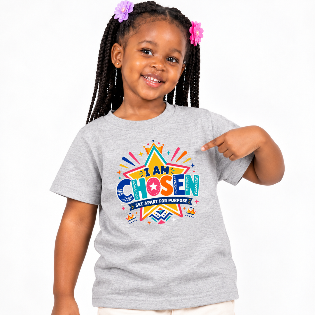 I Am Chosen Christian kids shirt in light grey featuring colourful star artwork and a Set Apart for Purpose message
