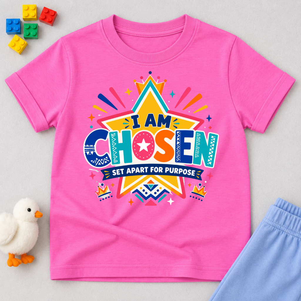 I Am Chosen Christian kids shirt in pink featuring colourful star artwork and a Set Apart for Purpose message
