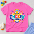 I Am Chosen Christian kids shirt in pink featuring colourful star artwork and a Set Apart for Purpose message
