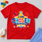 I Am Chosen Christian kids shirt in red featuring colourful star artwork and a Set Apart for Purpose message
