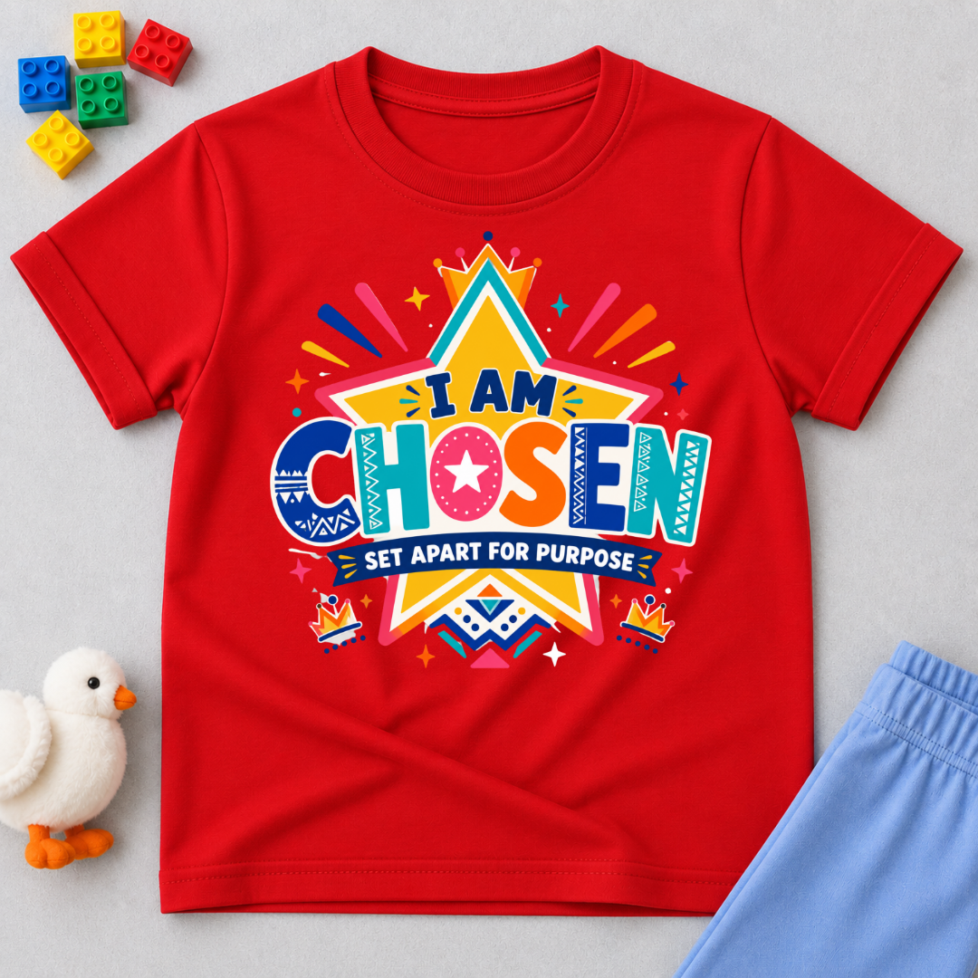 I Am Chosen Christian kids shirt in red featuring colourful star artwork and a Set Apart for Purpose message
