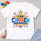 I Am Chosen Christian kids shirt in white featuring colourful star artwork and a Set Apart for Purpose message
