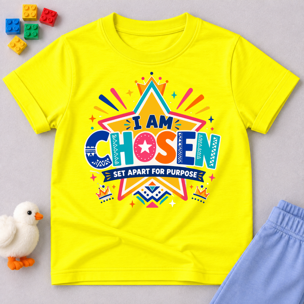I Am Chosen Christian kids shirt in yellow featuring colourful star artwork and a Set Apart for Purpose message
