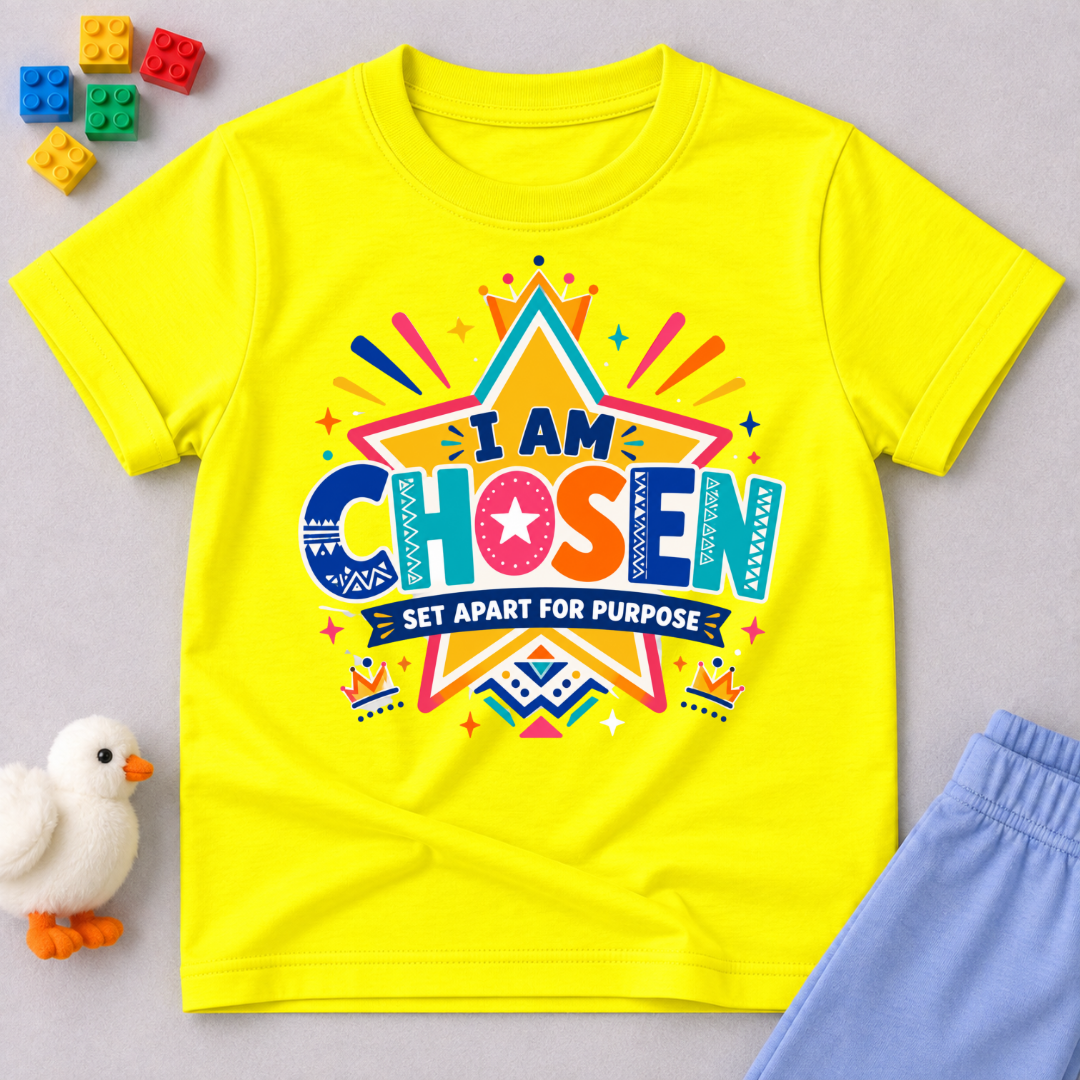 I Am Chosen Christian kids shirt in yellow featuring colourful star artwork and a Set Apart for Purpose message
