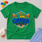 I Am Covered Christian kids shirt in green featuring a shield design, cross, and God Is With Me message
