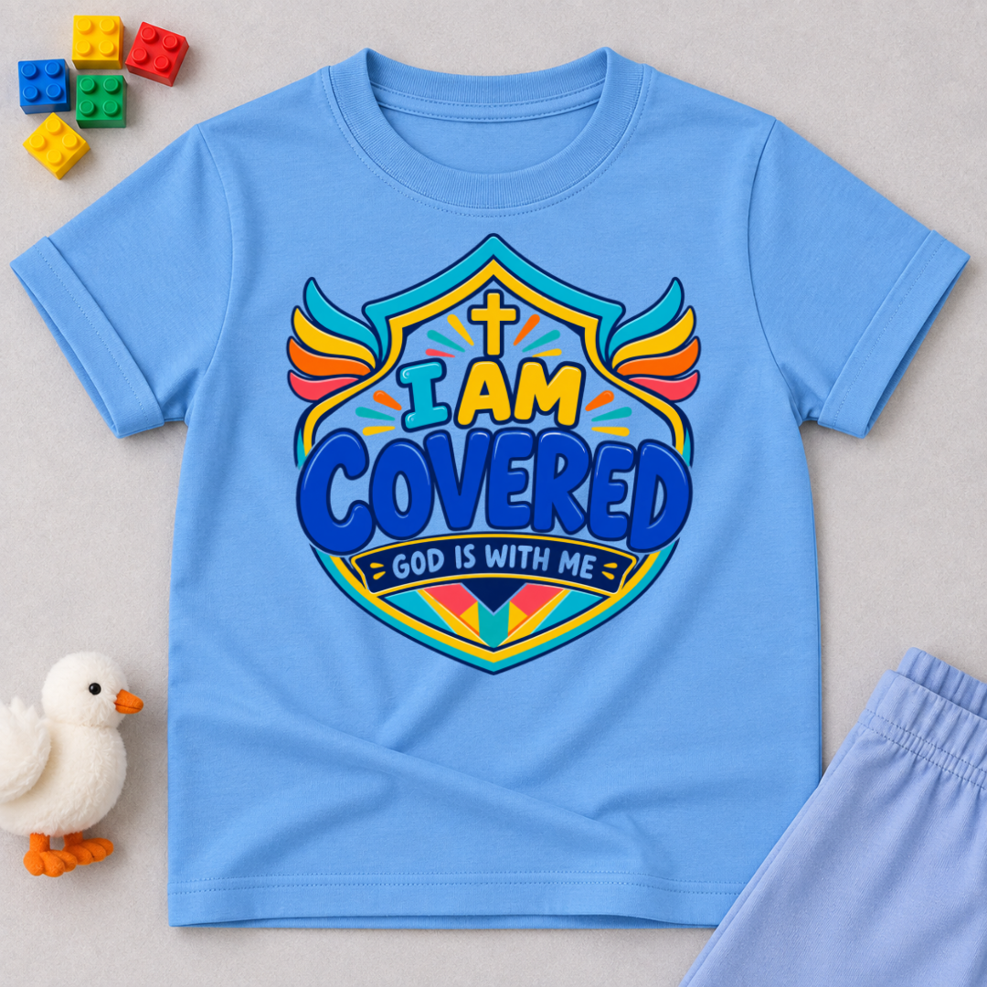 I Am Covered Christian kids shirt in light blue featuring a shield design, cross, and God Is With Me message
