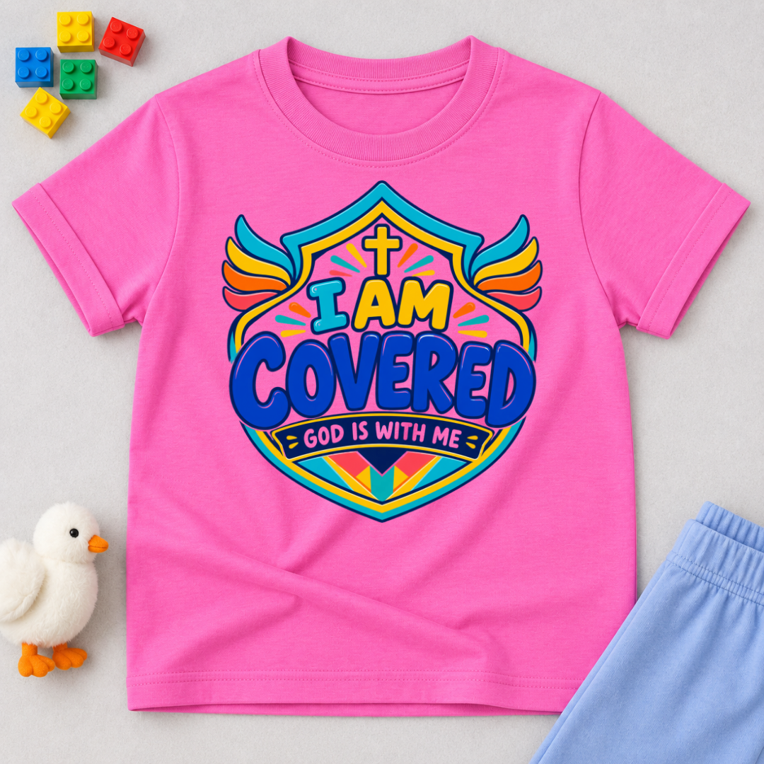 I Am Covered Christian kids shirt in pink featuring a shield design, cross, and God Is With Me message
