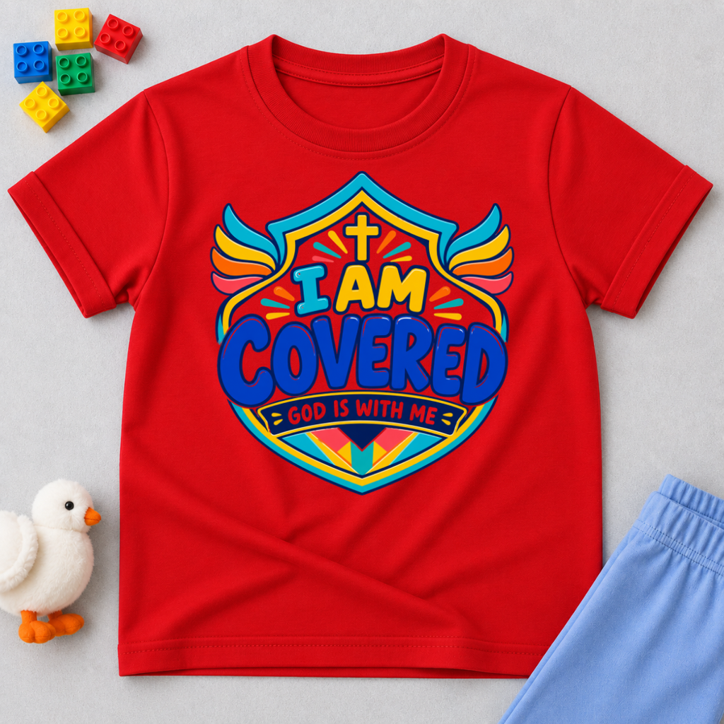 I Am Covered Christian kids shirt in red featuring a shield design, cross, and God Is With Me message
