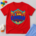I Am Covered Christian kids shirt in red featuring a shield design, cross, and God Is With Me message

