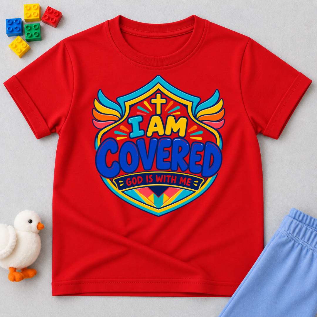 I Am Covered Christian kids shirt in red featuring a shield design, cross, and God Is With Me message
