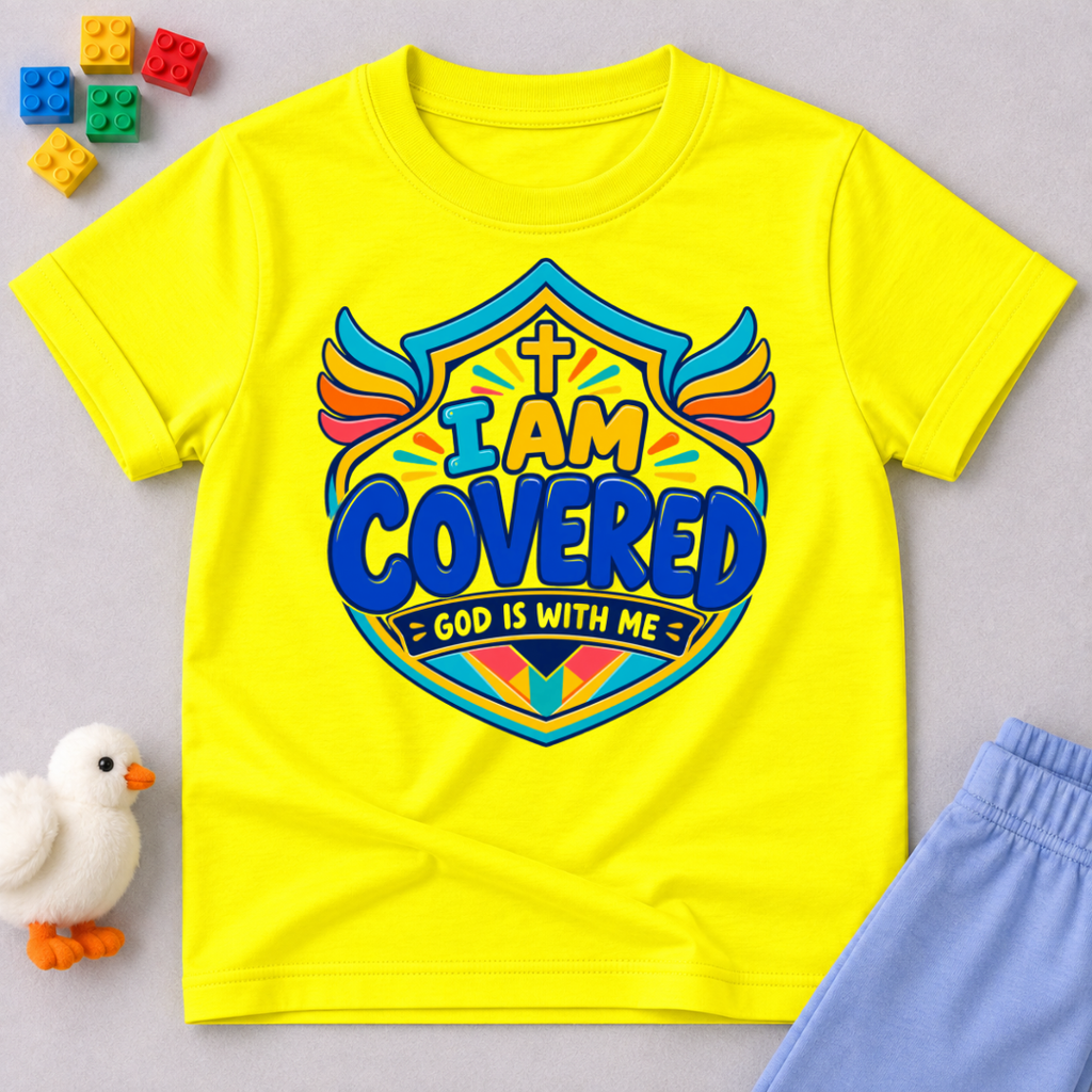 I Am Covered Christian kids shirt in yellow featuring a shield design, cross, and God Is With Me message
