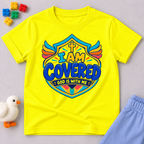 I Am Covered Christian kids shirt in yellow featuring a shield design, cross, and God Is With Me message
