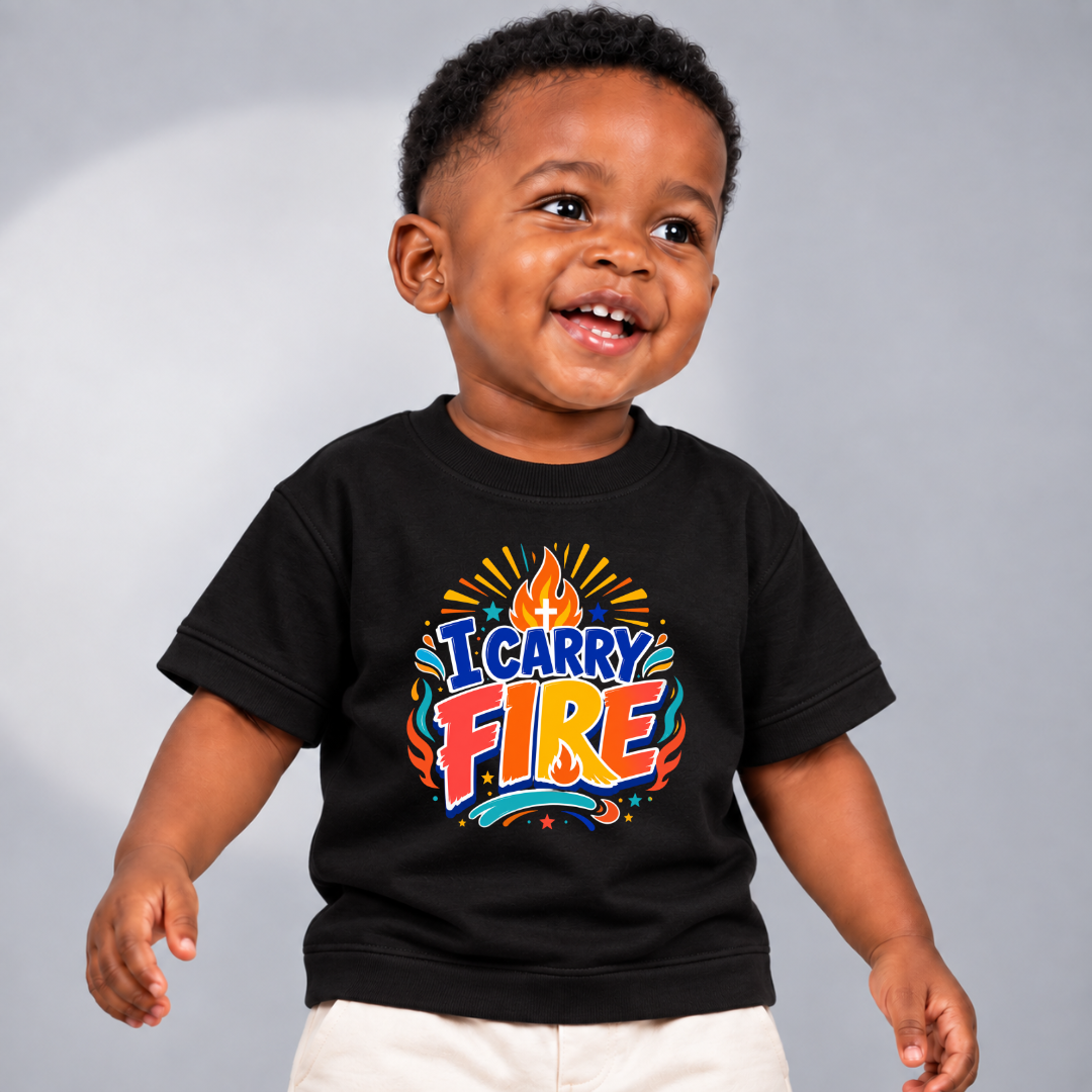 I Carry Fire Christian kids shirt in black featuring bold lettering, flames, and a faith-inspired cross
