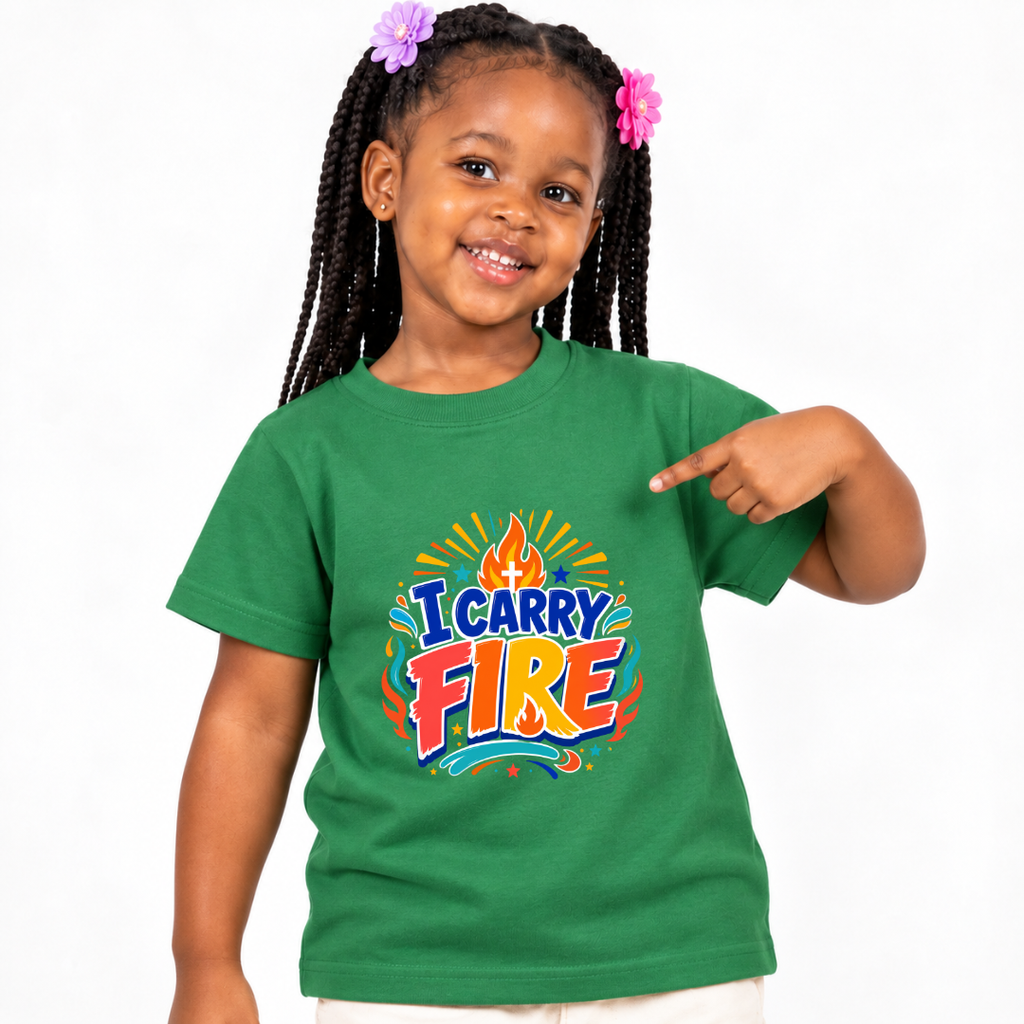 I Carry Fire Christian kids shirt in green featuring bold lettering, flames, and a faith-inspired cross
