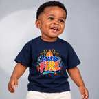 I Carry Fire Christian kids shirt in navy blue featuring bold lettering, flames, and a faith-inspired cross
