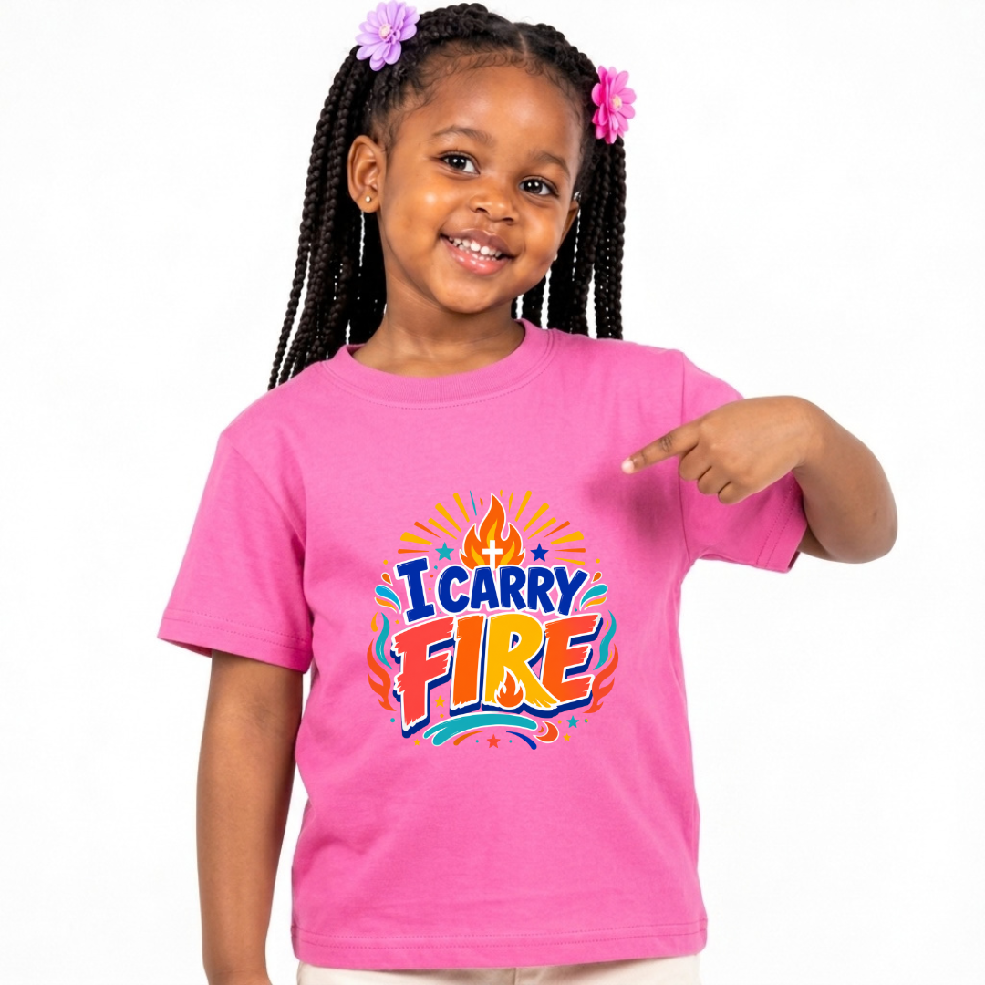 I Carry Fire Christian kids shirt in pink featuring bold lettering, flames, and a faith-inspired cross
