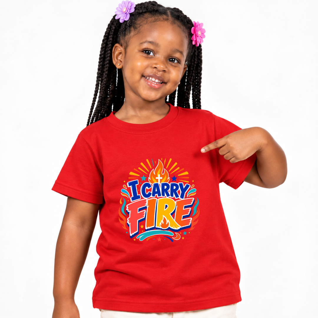 I Carry Fire Christian kids shirt in red featuring bold lettering, flames, and a faith-inspired cross
