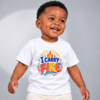 I Carry Fire Christian kids shirt in white featuring bold lettering, flames, and a faith-inspired cross
